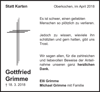 Traueranzeige von Gottfried Grimme von Amtsblatt_Oko