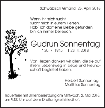 Traueranzeige von Gudrun Sonnentag von Gmünder Tagespost