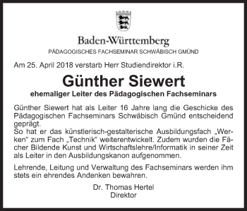 Traueranzeige von Günther Siewert von Gmünder Tagespost