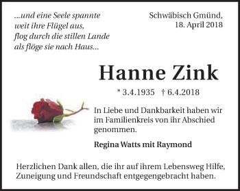 Traueranzeige von Hanne Zink von Gmünder Tagespost
