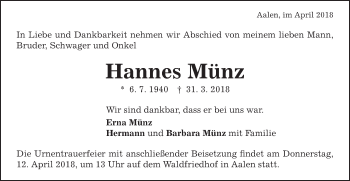 Traueranzeige von Hannes Münz von Schwäbische Post