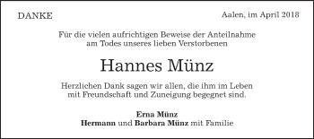 Traueranzeige von Hannes Münz von Schwäbische Post