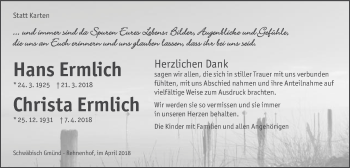 Traueranzeige von Hans und Christa Ermlich von Gmünder Tagespost