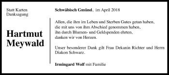 Traueranzeige von Hartmut Meywald von Gmünder Tagespost