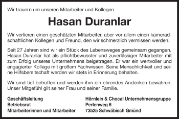 Traueranzeige von Hasan Duranlar von Gmünder Tagespost