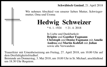 Traueranzeige von Hedwig Schweizer von Gmünder Tagespost