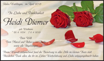 Traueranzeige von Heidi Diemer von Schwäbische Post
