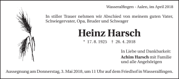 Traueranzeige von Heinz Harsch von Schwäbische Post