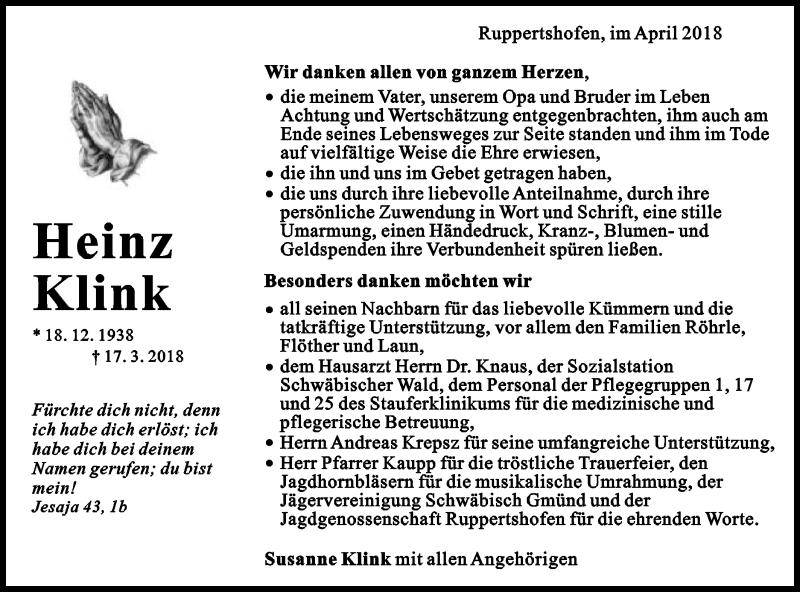  Traueranzeige für Heinz Klink vom 14.04.2018 aus Gmünder Tagespost