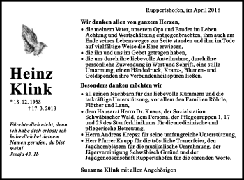 Traueranzeige von Heinz Klink von Gmünder Tagespost