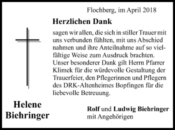 Traueranzeige von Helene Biehringer von Bopfinger Stadtanzeiger