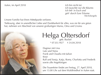 Traueranzeige von Helga Oltersdorf von Schwäbische Post