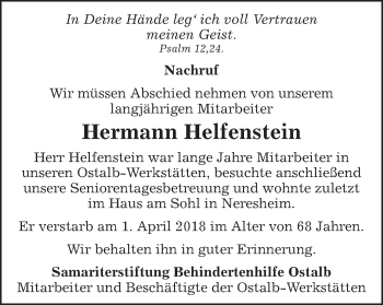 Traueranzeige von Hermann Helfenstein von Schwäbische Post