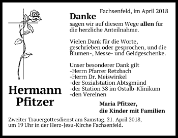 Traueranzeige von Hermann Pfitzer von Schwäbische Post