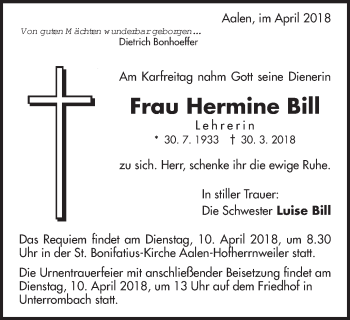 Traueranzeige von Hermine Bill von Schwäbische Post