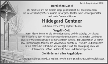 Traueranzeige von Hildegard Gentner von Schwäbische Post