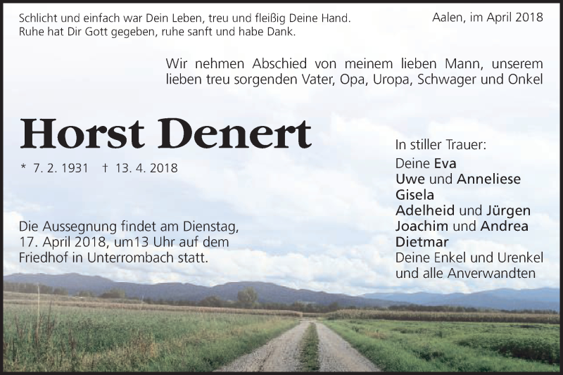  Traueranzeige für Horst Denert vom 14.04.2018 aus Schwäbische Post
