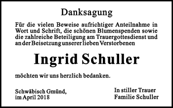 Traueranzeige von Ingrid Schuller von Gmünder Tagespost