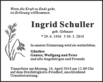 Traueranzeige von Ingrid Schuller von Gmünder Tagespost