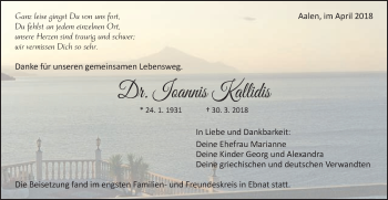 Traueranzeige von Ioannis Kallidis von Schwäbische Post