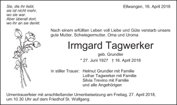 Traueranzeige von Irmgard Tagwerker von Schwäbische Post