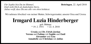 Traueranzeige von Irmgard Luzia Hinderberger von Gmünder Tagespost