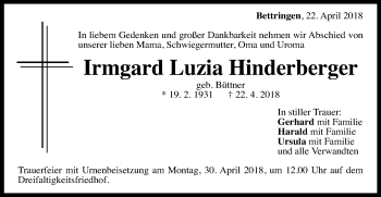 Traueranzeige von Irmgard Luzia Hinderberger von Gmünder Tagespost