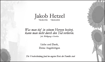 Traueranzeige von Jakob Hetzel von Gmünder Tagespost