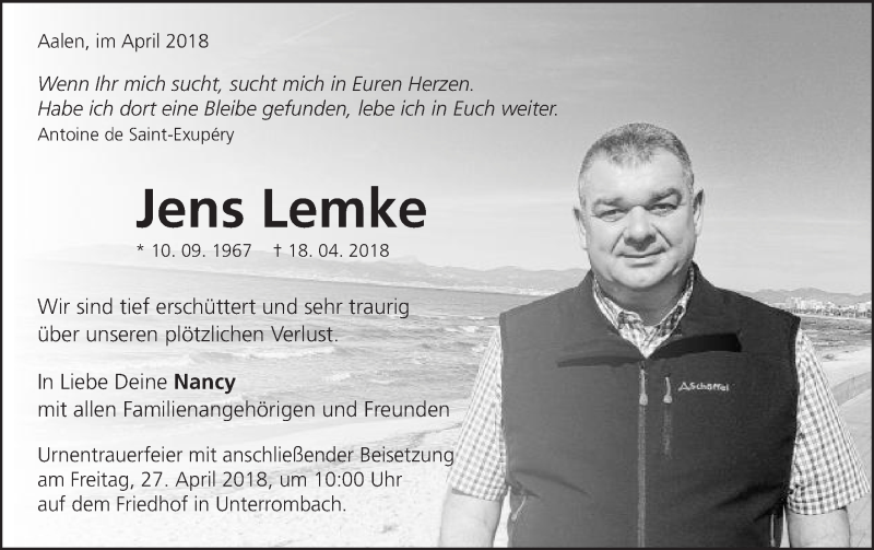  Traueranzeige für Jens Lemke vom 25.04.2018 aus Schwäbische Post