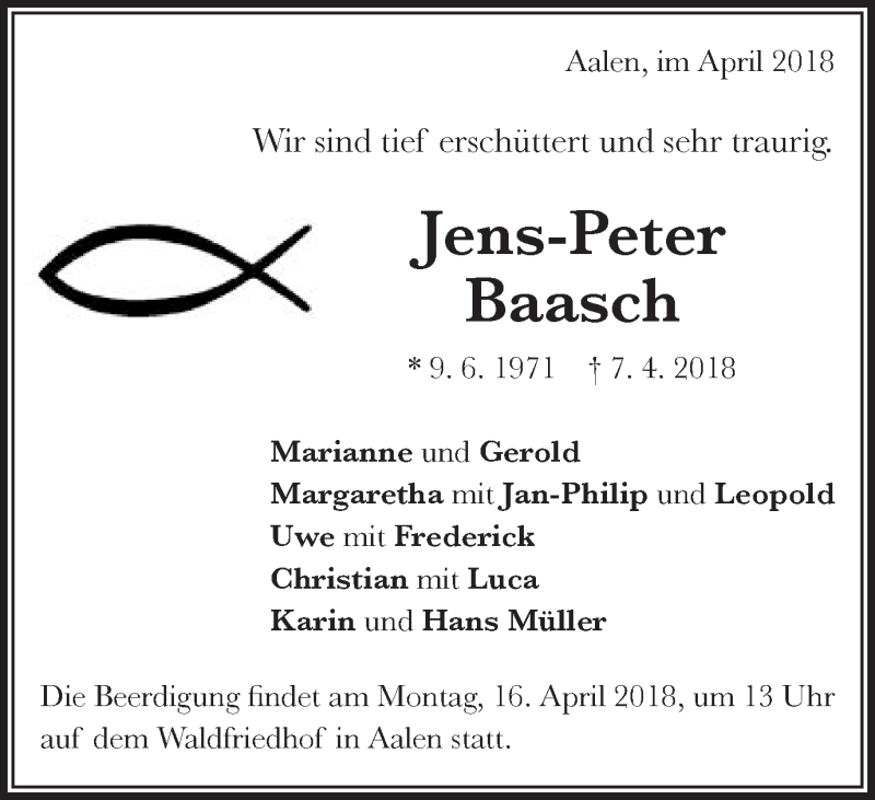  Traueranzeige für Jens-Peter Baasch vom 12.04.2018 aus Schwäbische Post