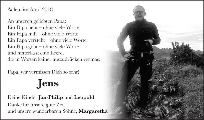  Traueranzeige für Jens-Peter Baasch vom 12.04.2018 aus Schwäbische Post