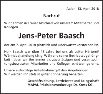Traueranzeige von Jens-Peter Baasch von Schwäbische Post