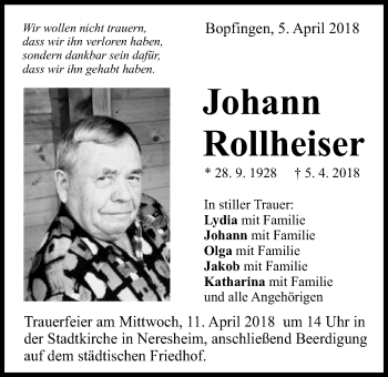 Traueranzeige von Johann Rollheiser von Schwäbische Post