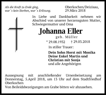 Traueranzeige von Johanna Eller von Schwäbische Post