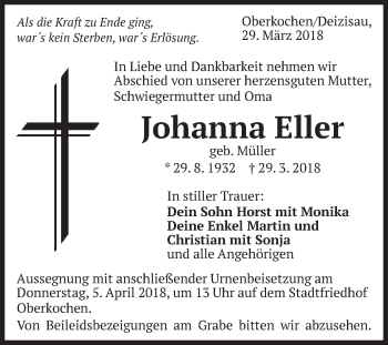 Traueranzeige von Johanna Eller von Schwäbische Post