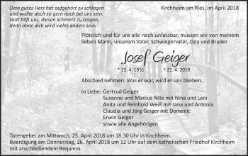 Traueranzeige von Josef Geiger von Schwäbische Post