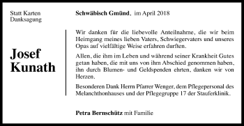Traueranzeige von Josef Kunath von Gmünder Tagespost