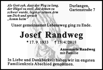 Traueranzeige von Josef Randweg von Gmünder Tagespost
