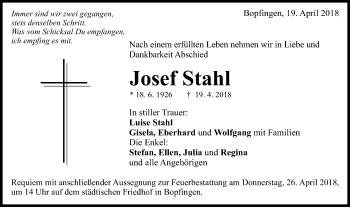 Traueranzeige von Josef Stahl von Schwäbische Post