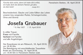 Traueranzeige von Josefa Grubauer von Schwäbische Post