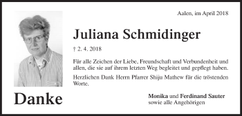 Traueranzeige von Juliana Schmidinger von Schwäbische Post