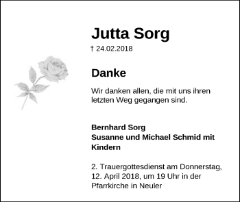 Traueranzeige von Jutta Sorg von Schwäbische Post