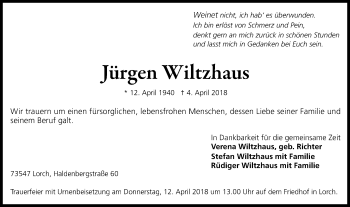 Traueranzeige von Jürgen Wiltzhaus von Gmünder Tagespost