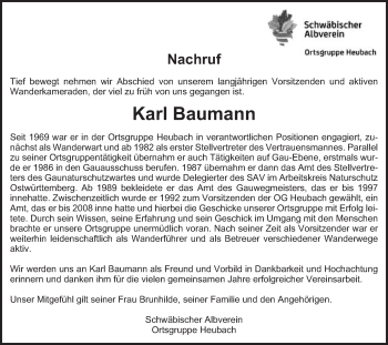 Traueranzeige von Karl Baumann von Gmünder Tagespost