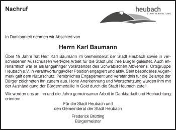 Traueranzeige von Karl Baumann von Gmünder Tagespost