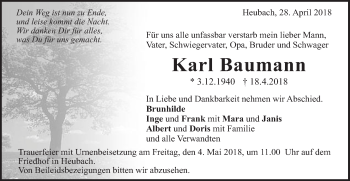 Traueranzeige von Karl Baumann von Gmünder Tagespost