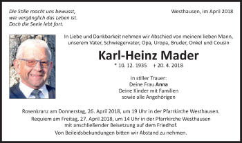 Traueranzeige von Karl-Heinz Mader von Schwäbische Post
