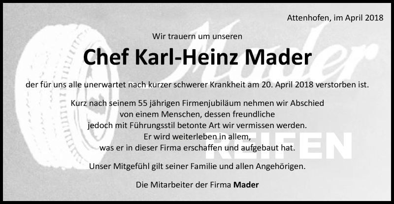  Traueranzeige für Karl-Heinz Mader vom 25.04.2018 aus Schwäbische Post