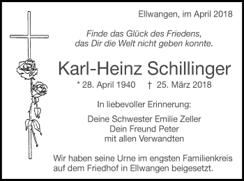 Traueranzeige von Karl-Heinz Schillinger von Schwäbische Post
