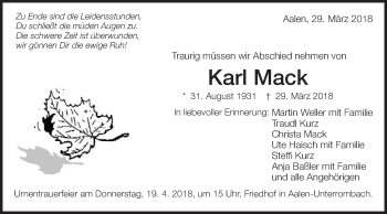 Traueranzeige von Karl Mack von Schwäbische Post